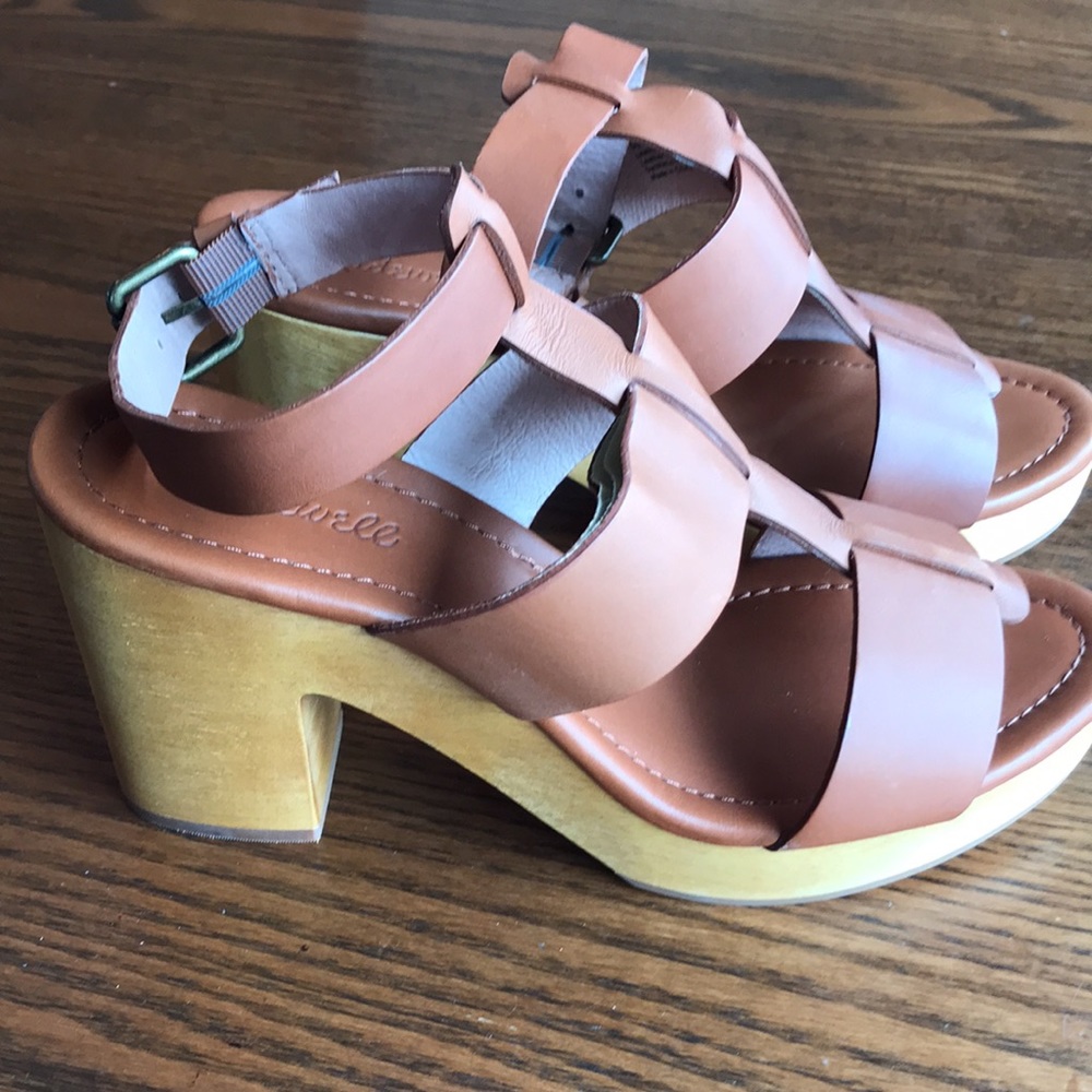 Madewell wood platform Boho mid brown leather sandals NWT